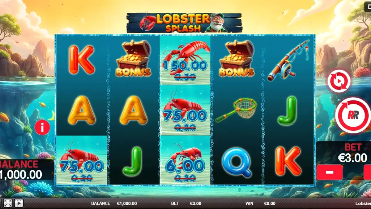 Interface do slot Lobster Splash com tema de pesca subaquática