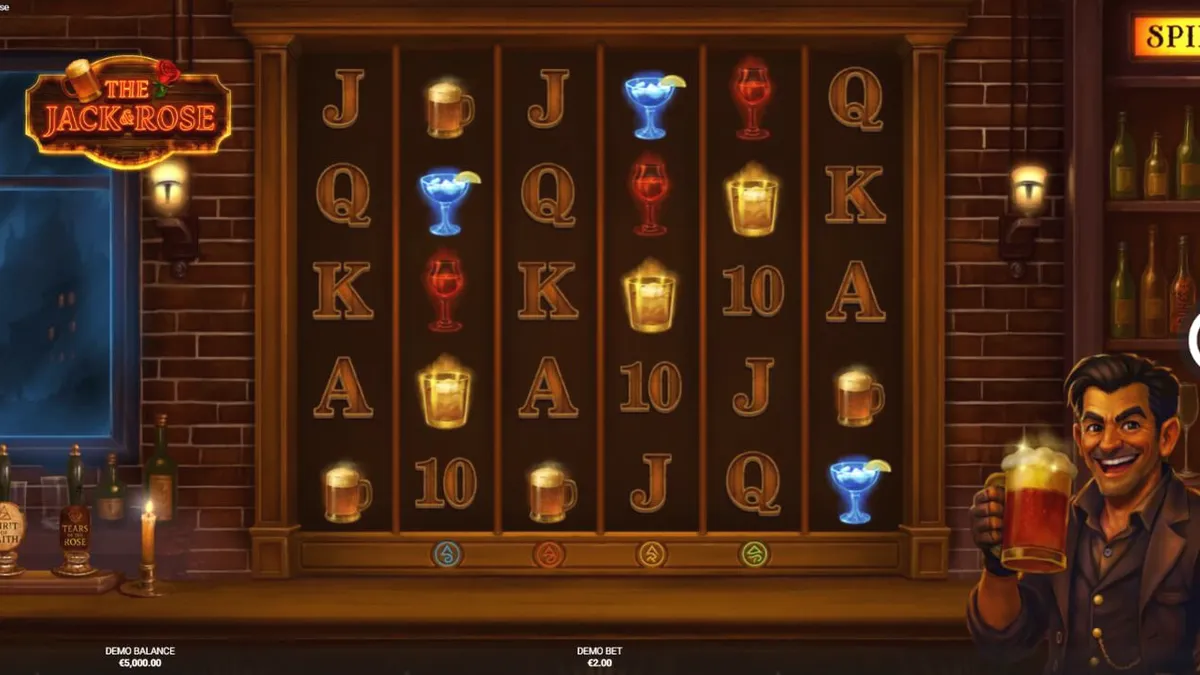 The Jack & Rose slot machine interface com tema de pub sobrenatural