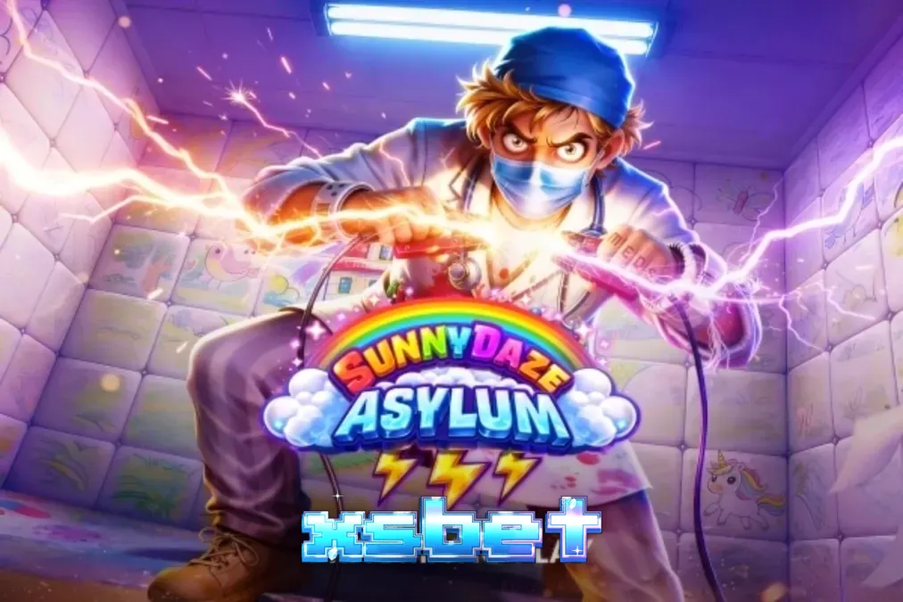 Interface vibrante e colorida do jogo de slot Sunnydaze Asylum com elementos neon